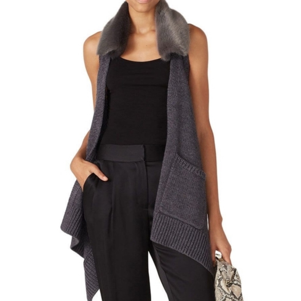 NWOT KaufmanFranco Gray Sleeveless Open Sweater Vest with Faux Fur Collar